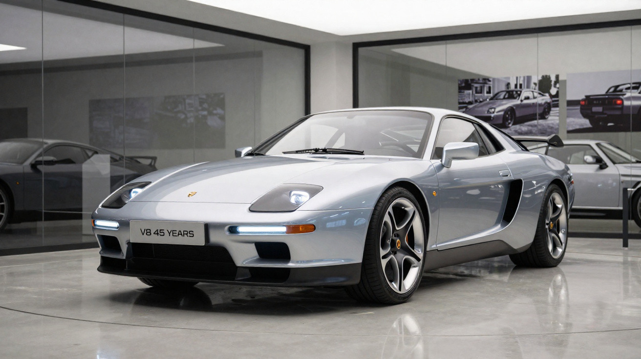 Silver Porsche sports car with "V8 45 Years" plate displayed in a modern showroom with reflective floors.