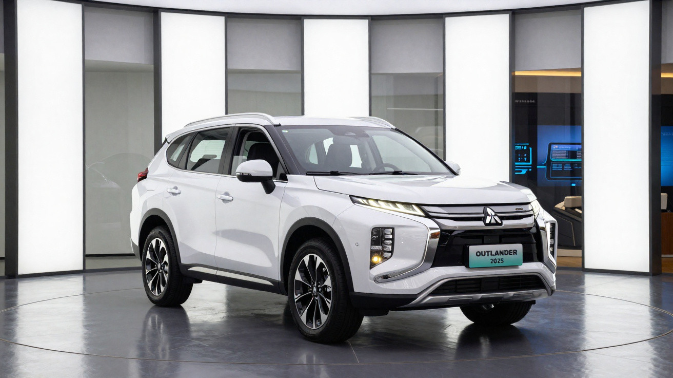 2025 white Mitsubishi Outlander SUV displayed in a modern showroom with large illuminated panels.