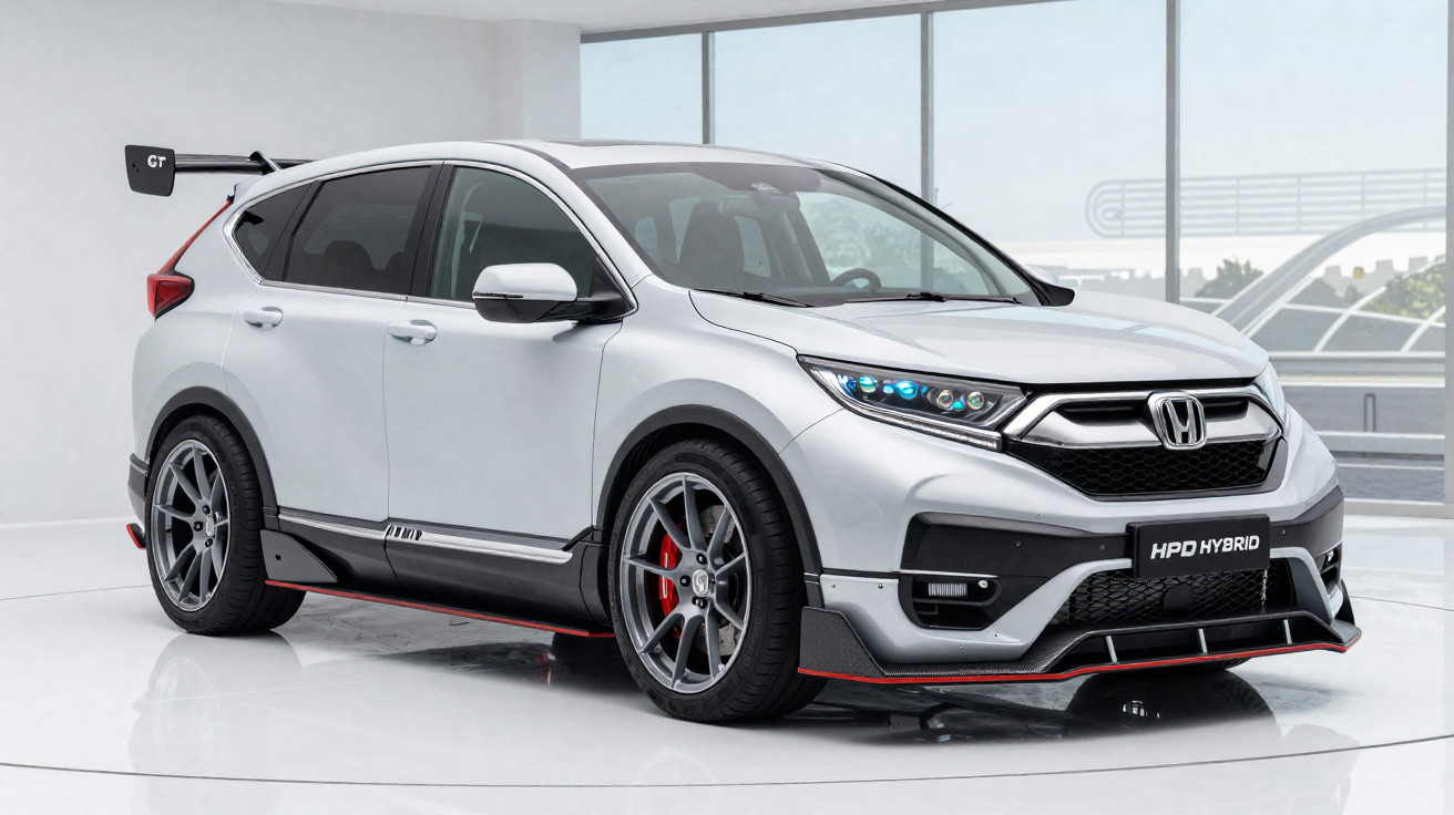 Silver Honda HR-V hybrid with sporty modifications displayed in a bright showroom with large windows.