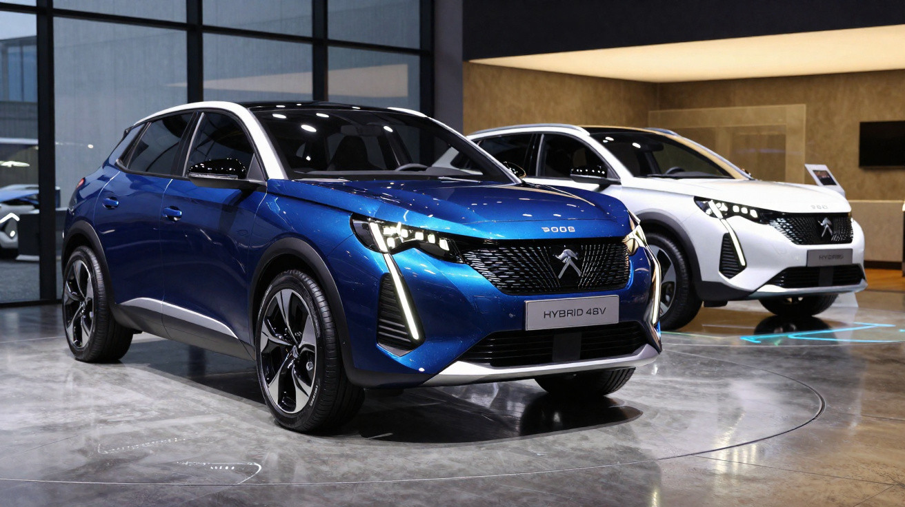 Two Peugeot hybrid SUVs, one blue and one white, displayed indoors on a polished concrete floor.