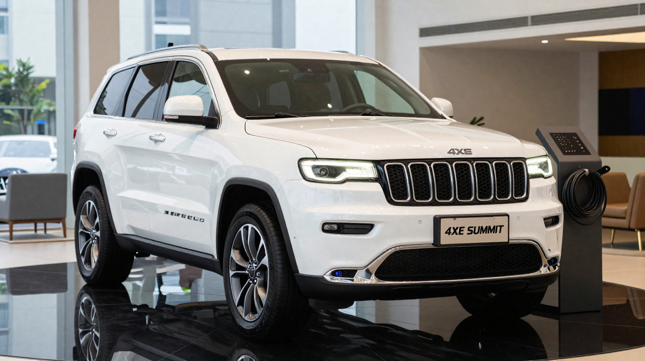 White 4XE Summit Jeep SUV on display in a modern showroom with an electric charging station nearby.