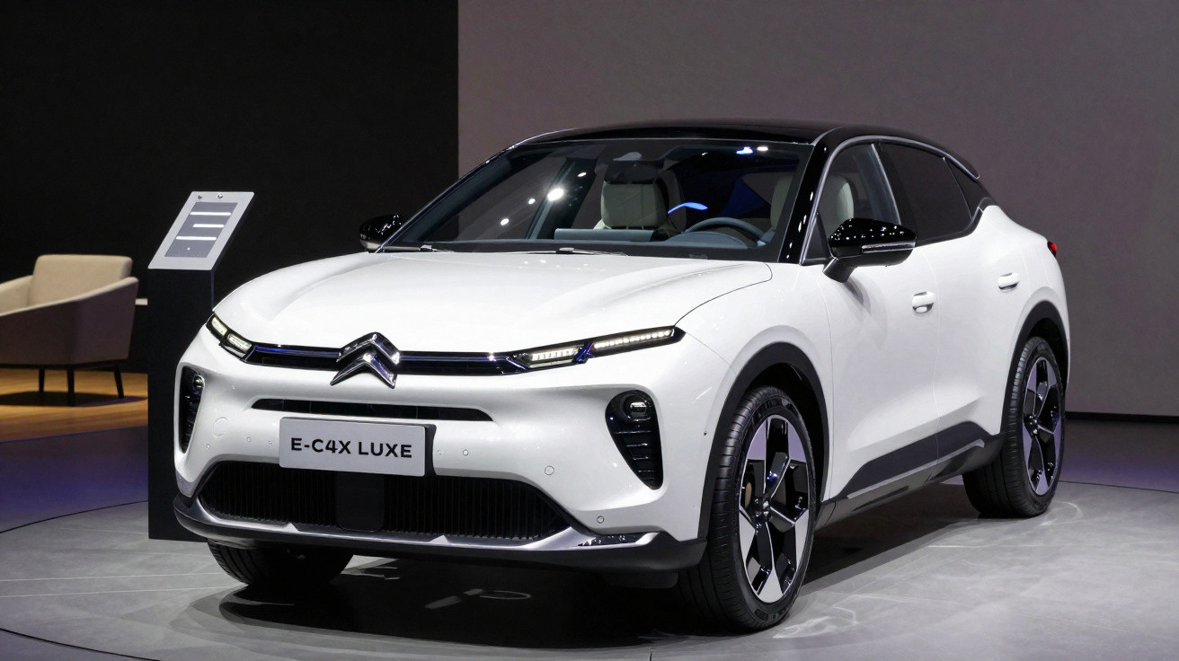 White Citroën E-C4X Luxe electric car displayed indoors on a circular platform with modern lighting.