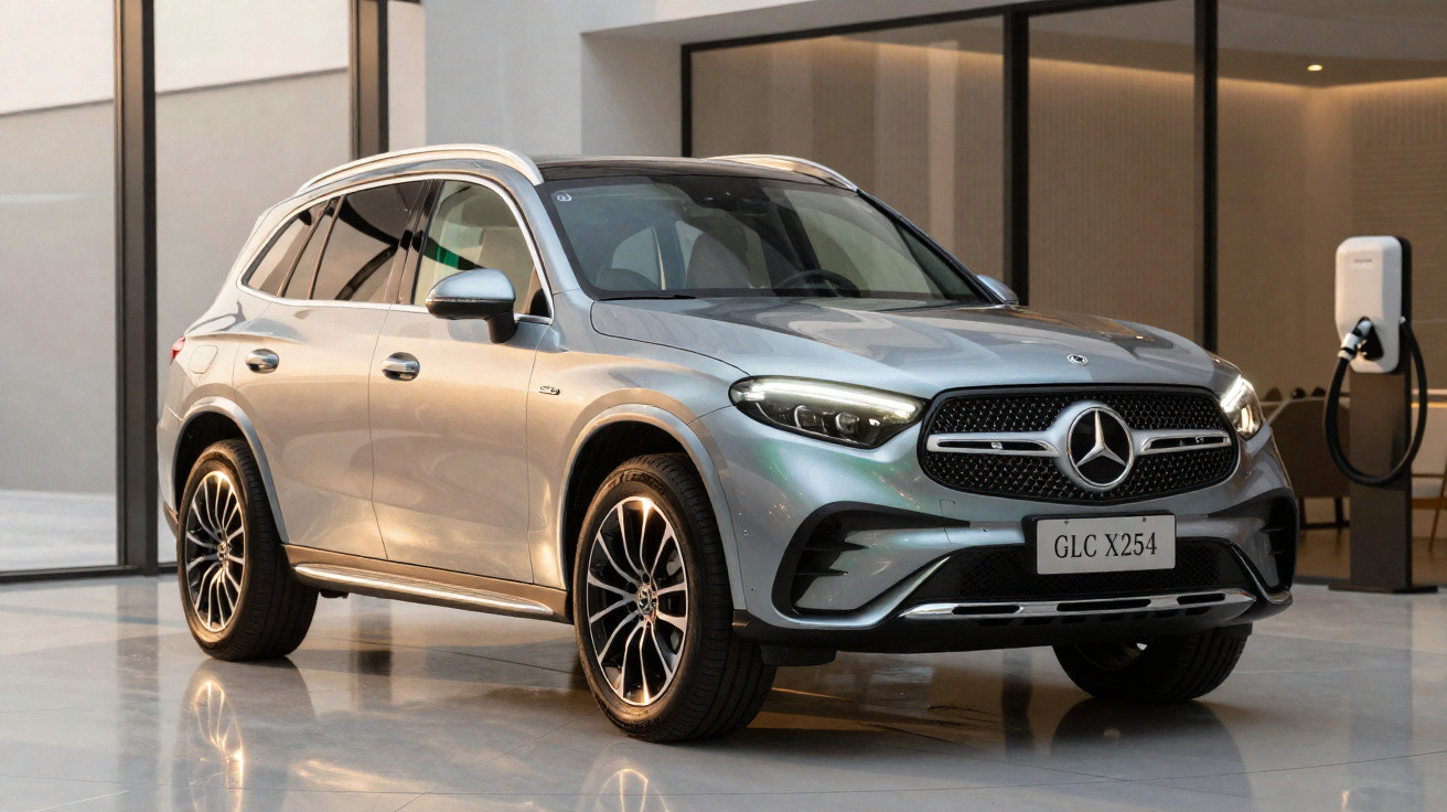 Silver Mercedes-Benz GLC X254 SUV parked indoors near an electric vehicle charging station.