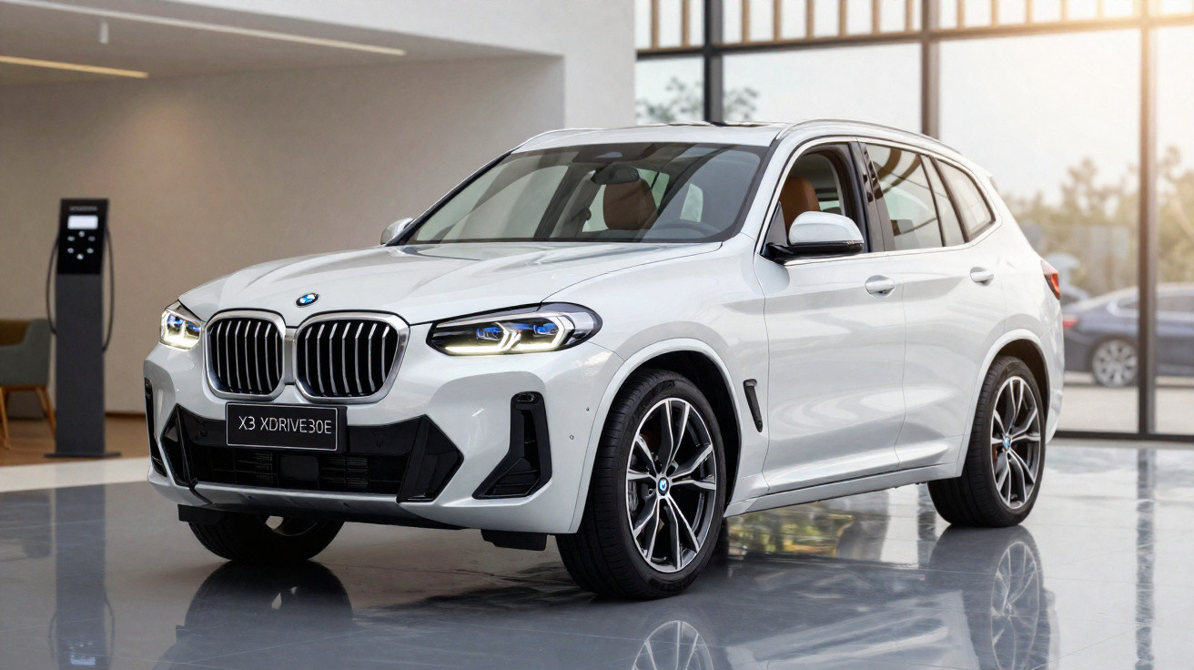 White BMW X3 XDRIVE30E electric SUV parked indoors with illuminated headlights and brown leather interior.