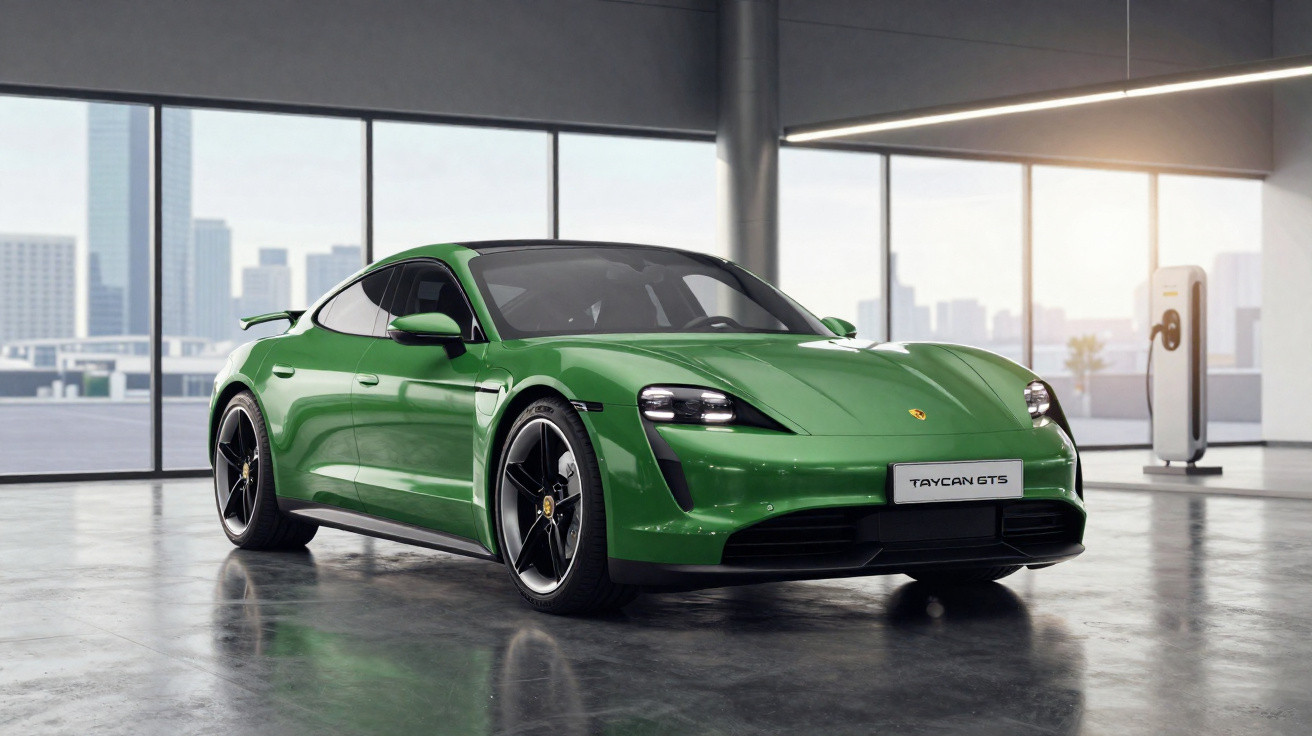 Green Porsche Taycan GTS electric sports car displayed in a modern showroom with city skyline views.
