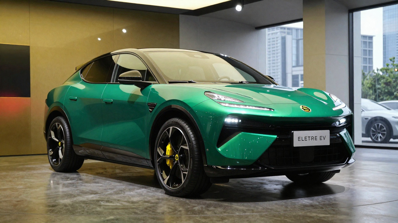 Green electric SUV displayed indoors with modern city buildings visible through windows.