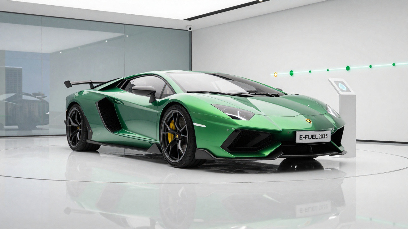 Green Lamborghini sports car displayed in a white modern showroom with a digital information stand.