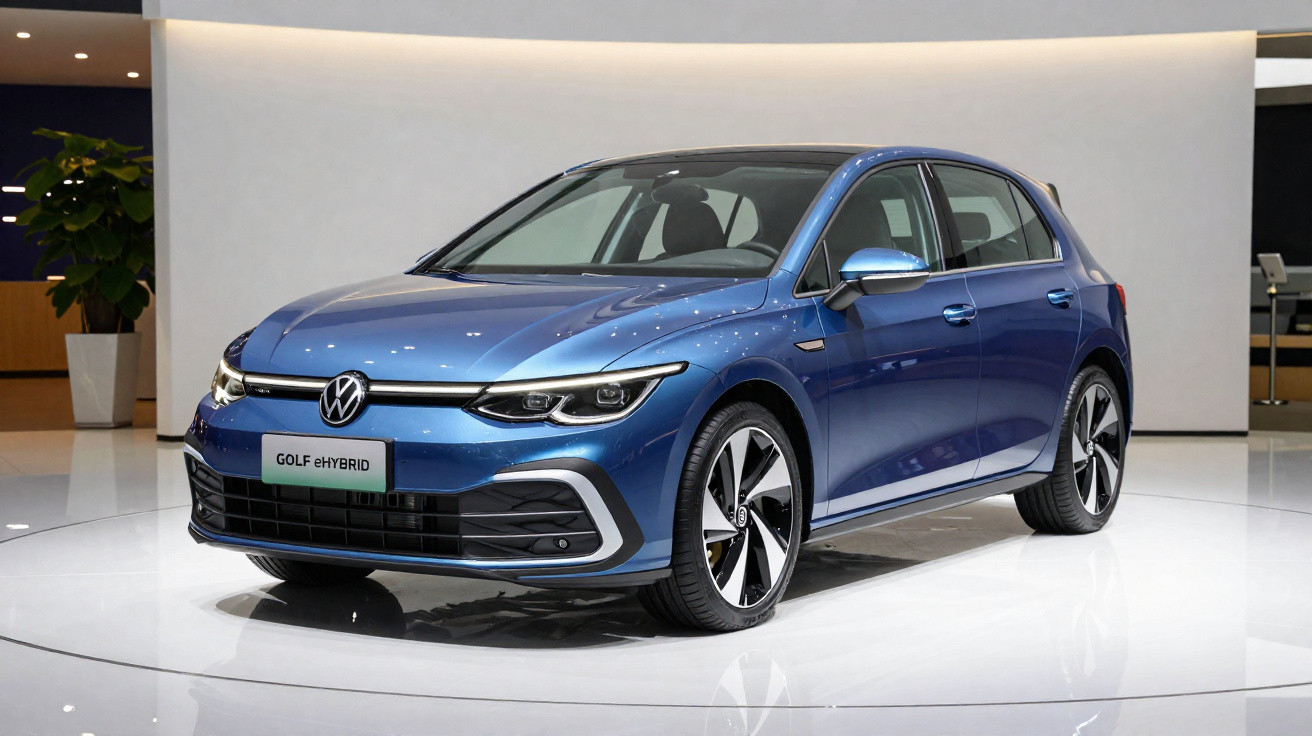 Blue Volkswagen Golf eHybrid displayed on a white platform in a modern showroom with minimalist decor.