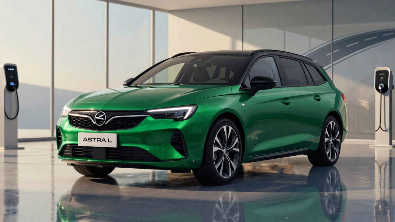 Green Opel Astra L hatchback parked indoors near electric vehicle charging stations.