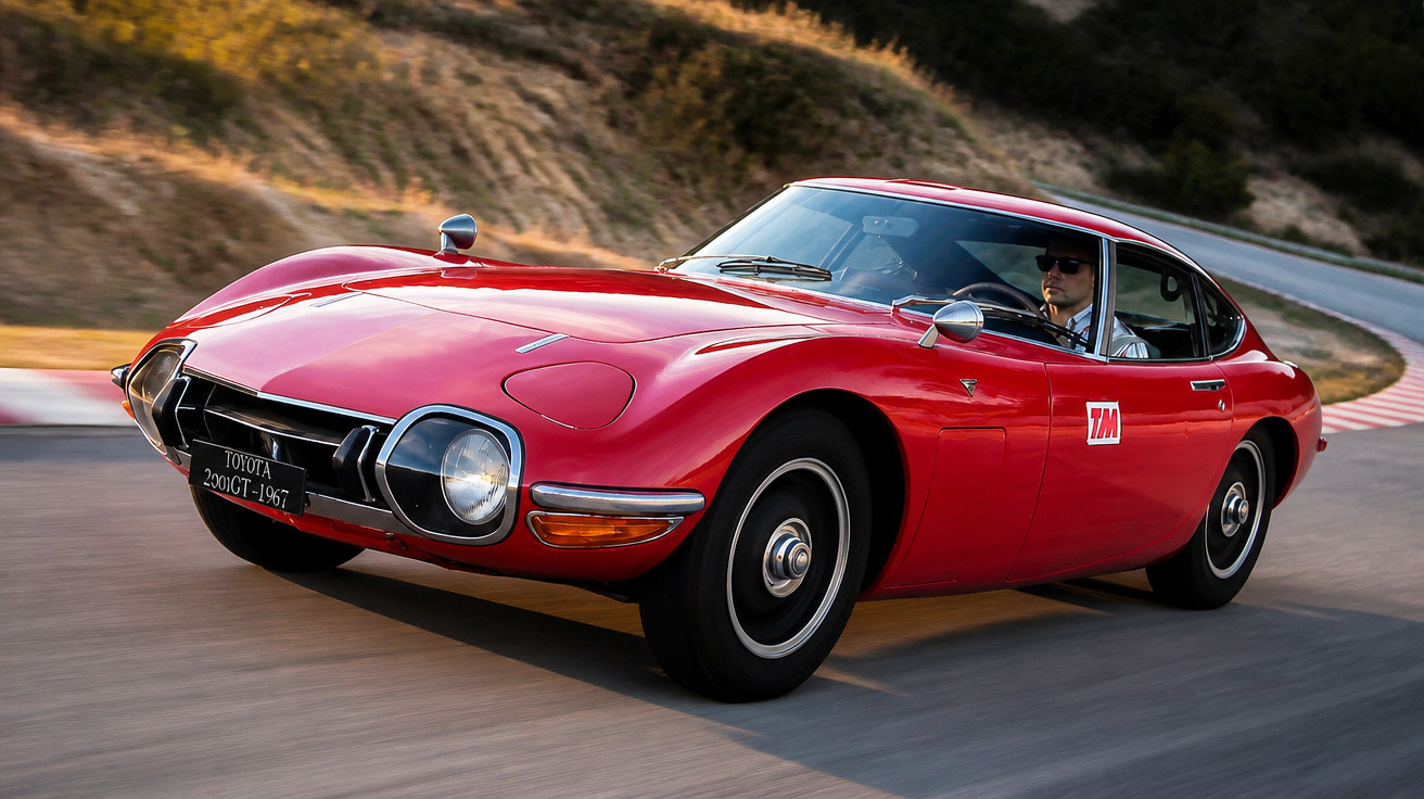 Red 1967 Toyota 2000GT classic sports car driving on a winding road with a driver wearing sunglasses.