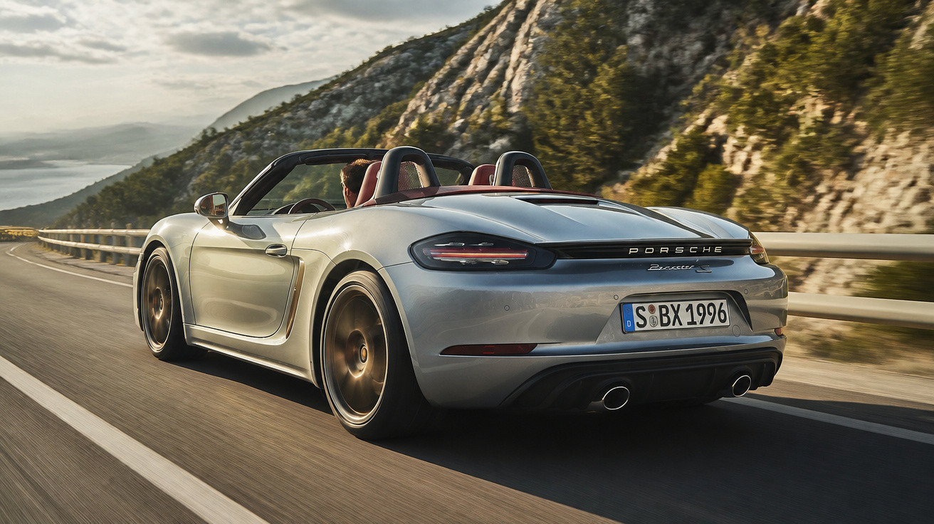 Silver Porsche convertible sports car driving on a mountain road during daytime with rocky cliffs in the background.