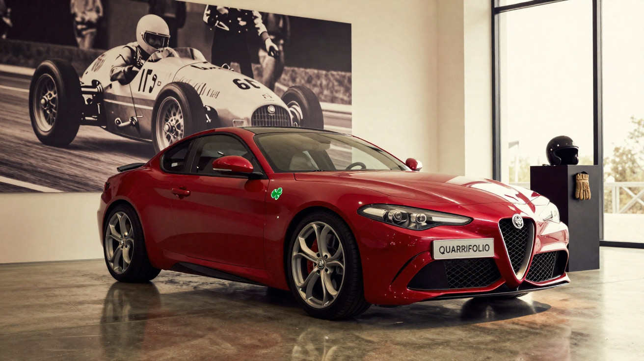 Red Alfa Romeo sports car displayed indoors with vintage racing car photograph in the background.