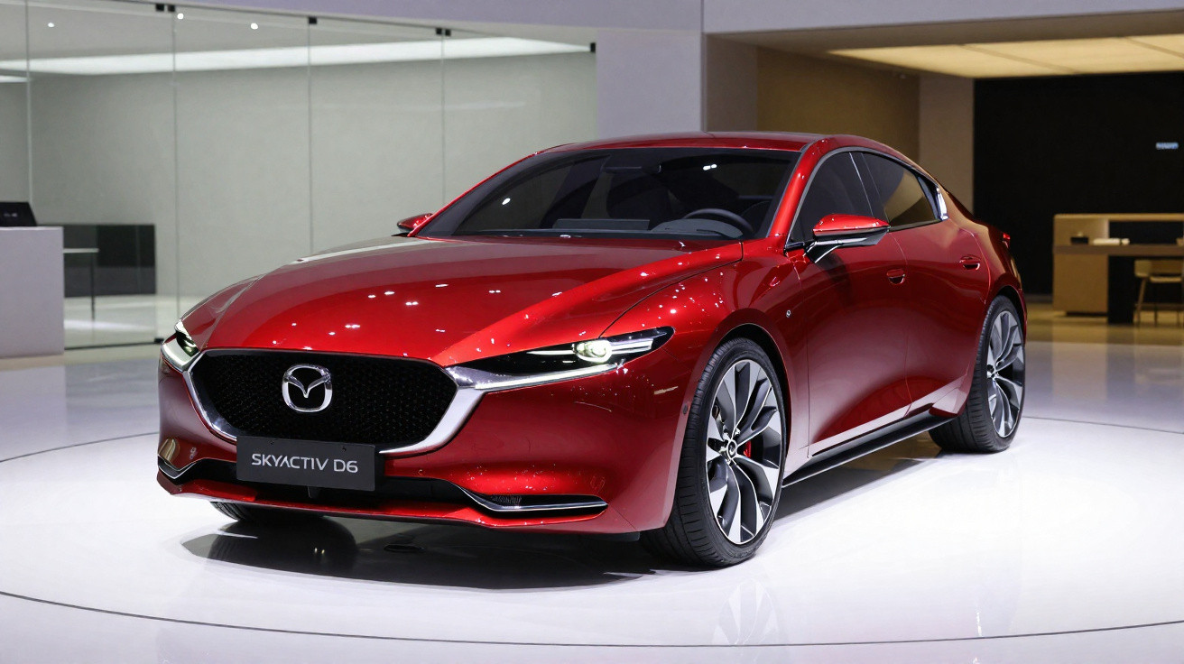 Red Mazda Skyactiv D6 concept car displayed on white platform in modern showroom.
