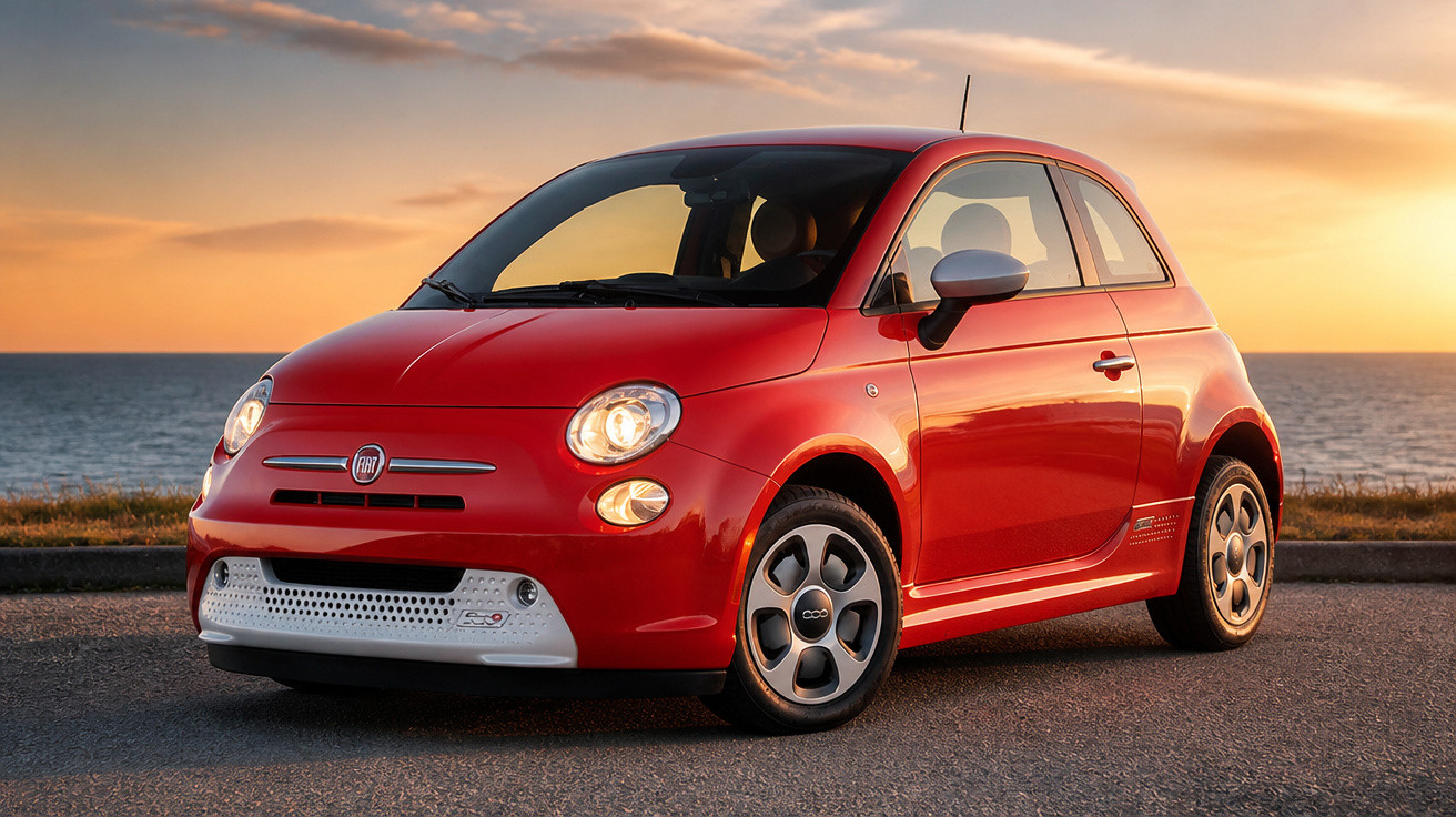 Red Fiat 500 electric car parked by the seaside at sunset with headlights on and clear sky.