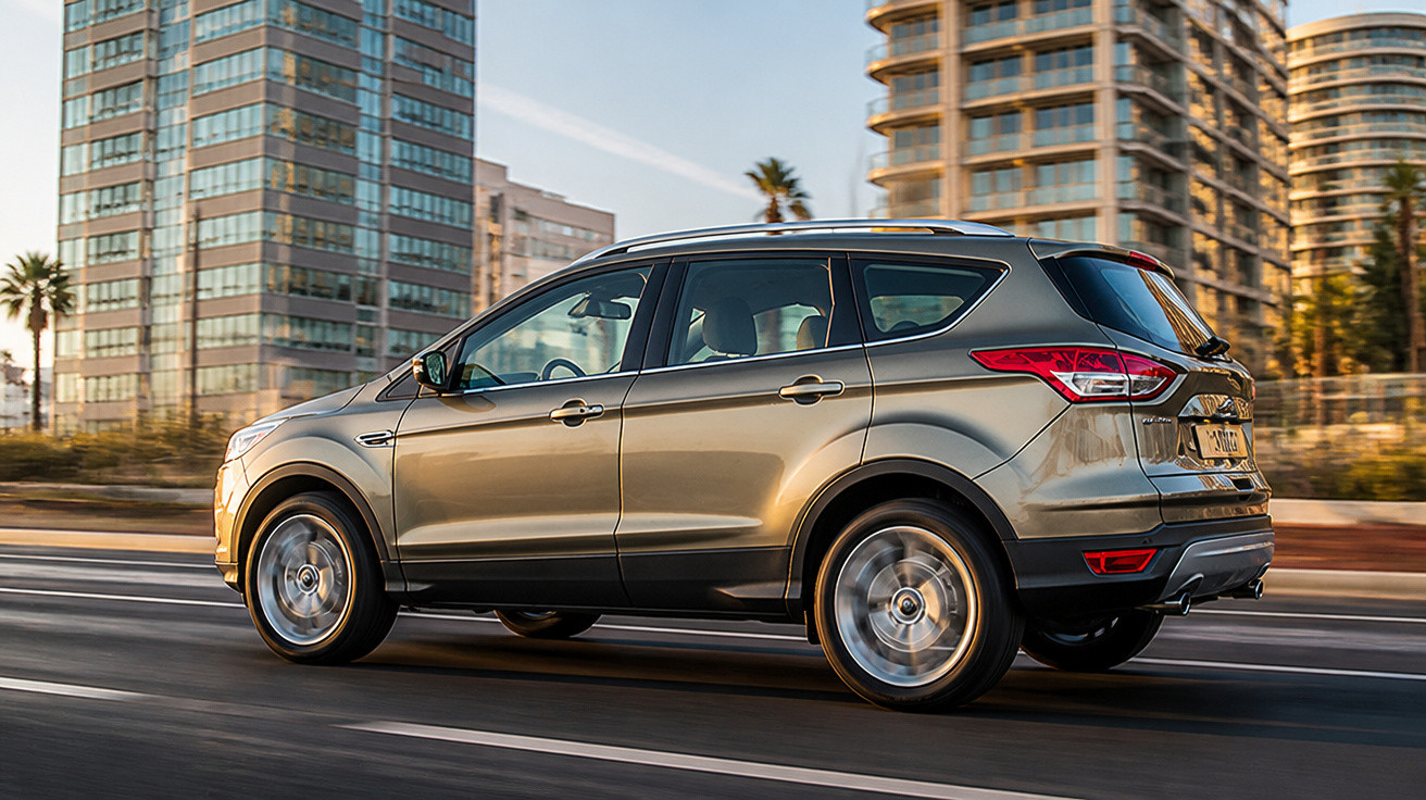 Silver SUV driving on a city road with modern apartment buildings and palm trees in the background.
