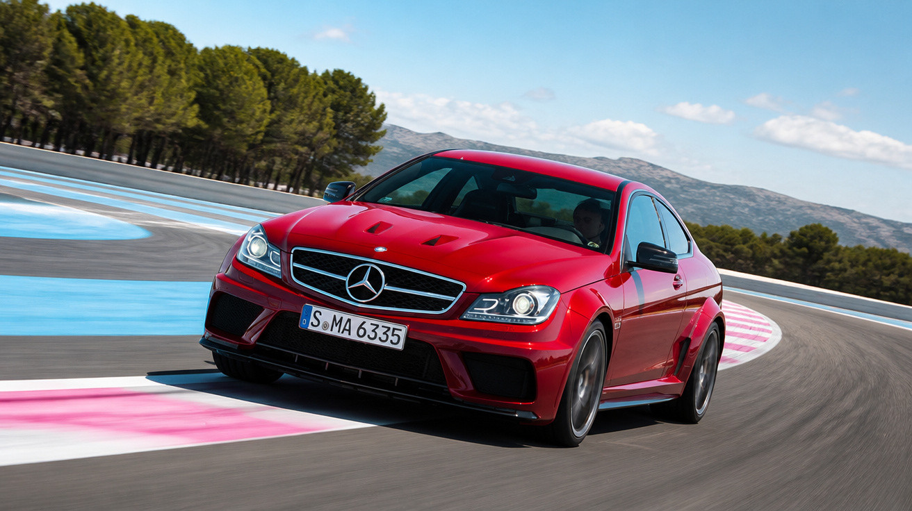 Red Mercedes-Benz sports car cornering on a racetrack with trees and mountains in the background.