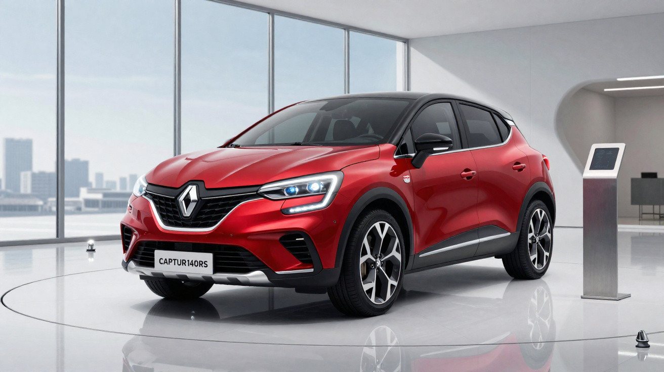 Red Renault Captur 140RS compact SUV displayed in a modern showroom with large windows and cityscape outside.