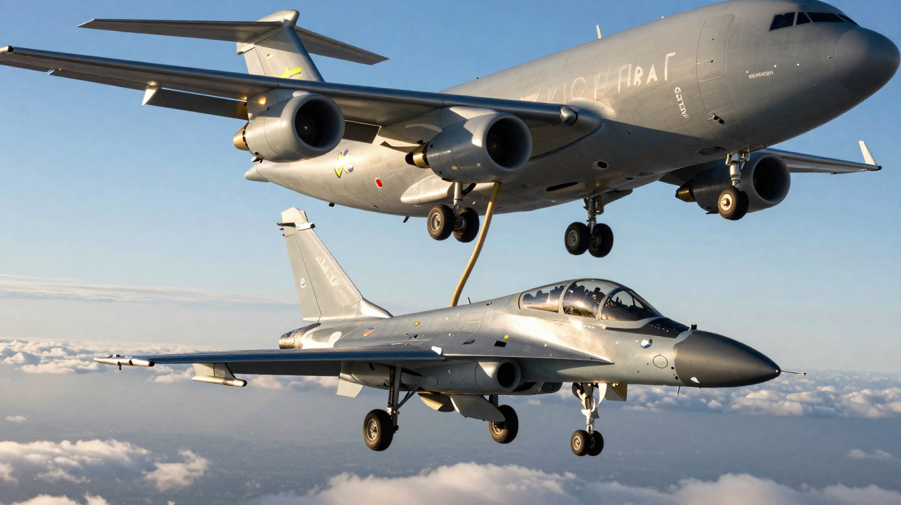 A military tanker aircraft refuelling a fighter jet mid-flight above clouds.