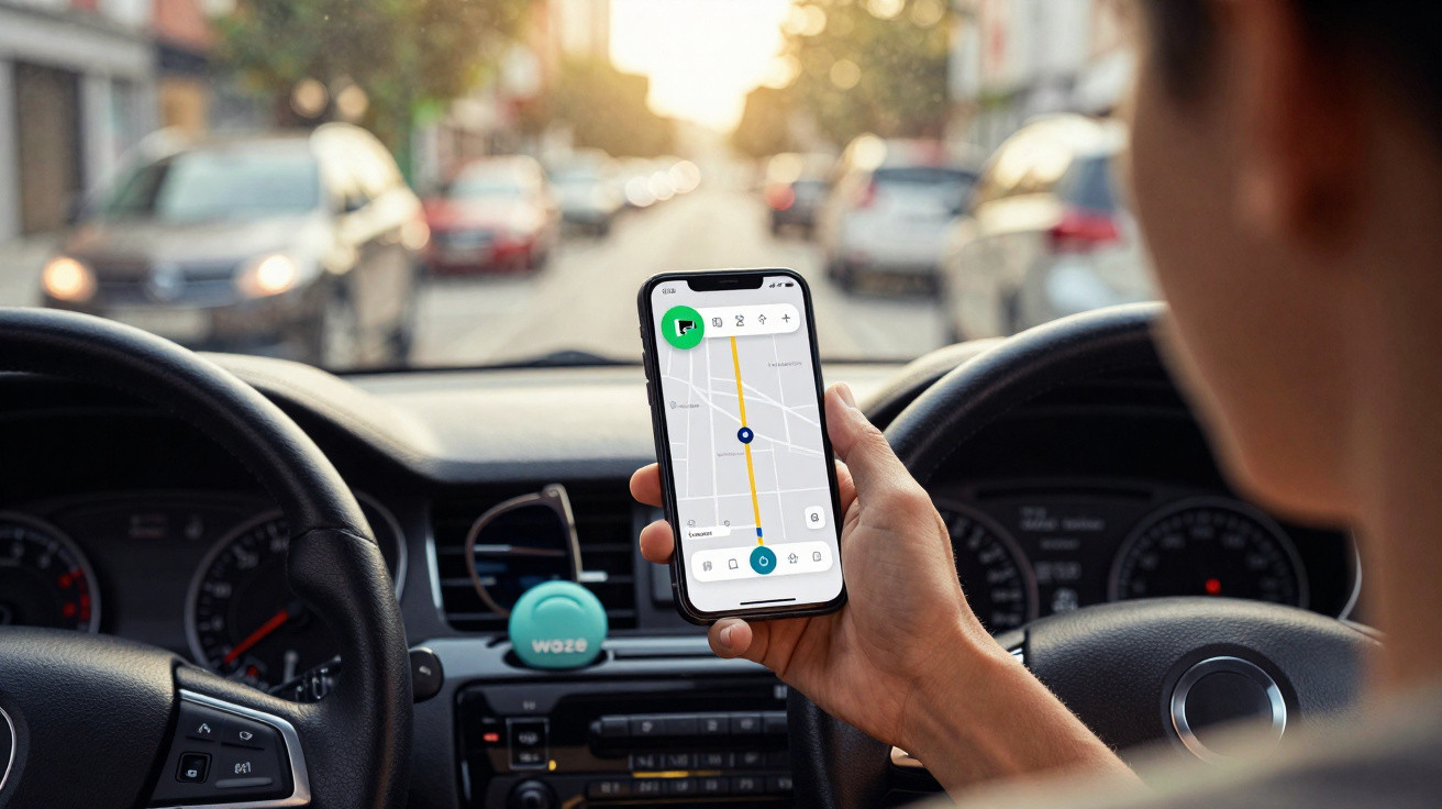 Person holding phone with navigation app inside a car driving through a blurred city street at sunset.