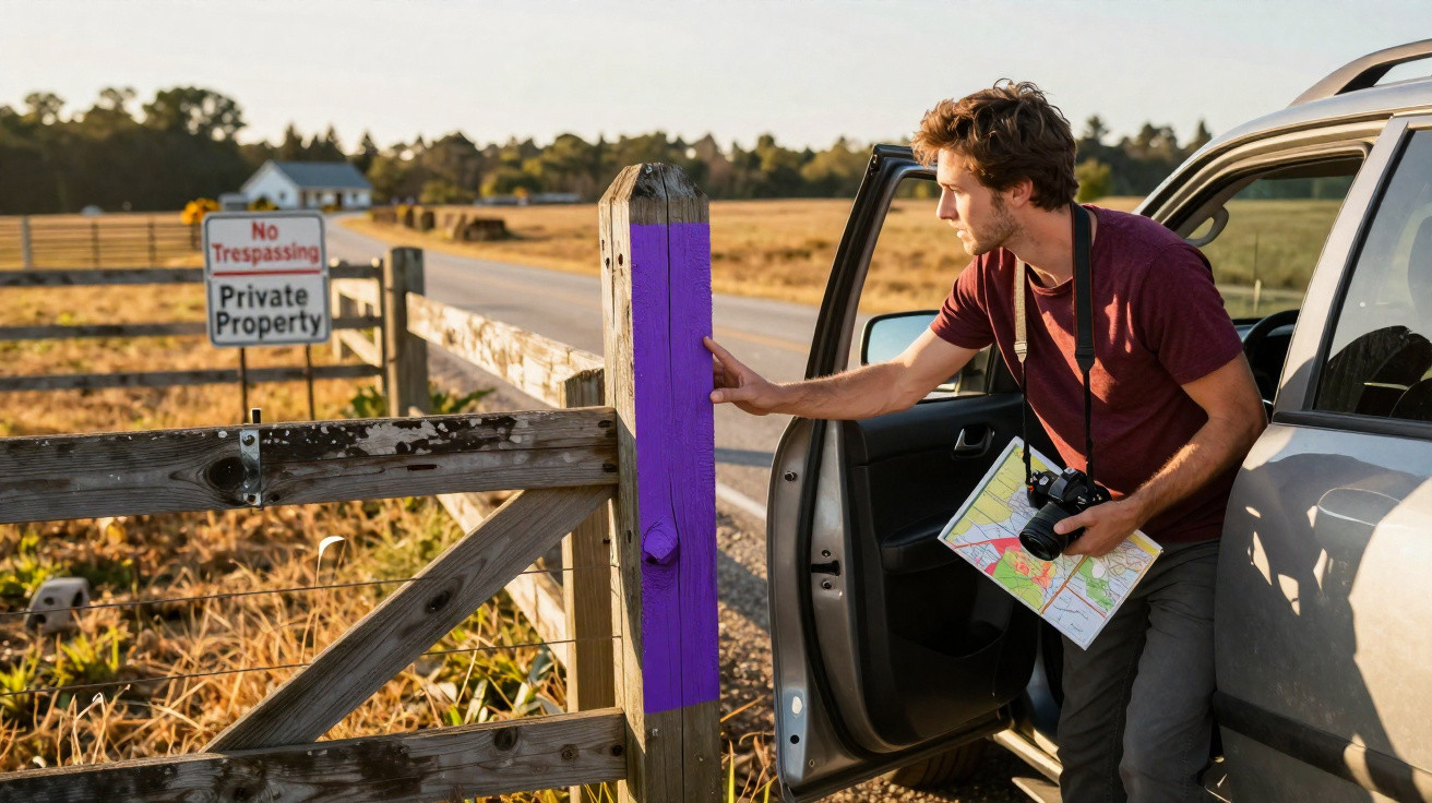 Man with map and camera stepping out of car, touching wooden gate post with "No Trespassing" sign nearby in countryside.