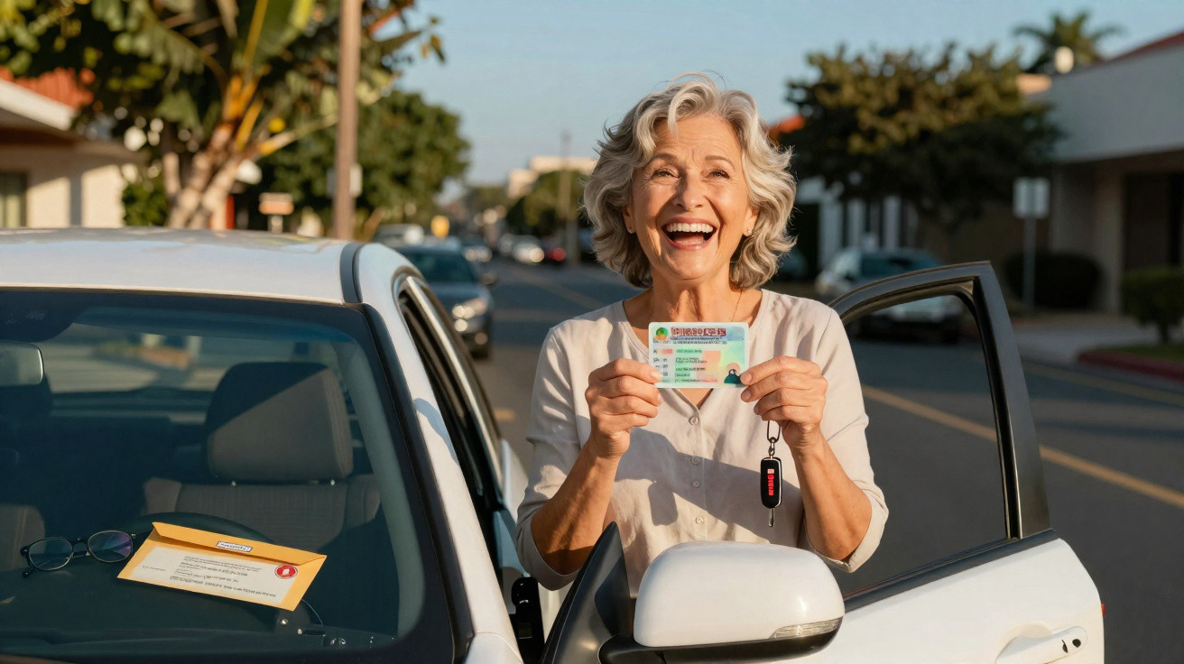 Smiling older woman standing by open car door holding a driver’s licence and car keys on a sunny street.