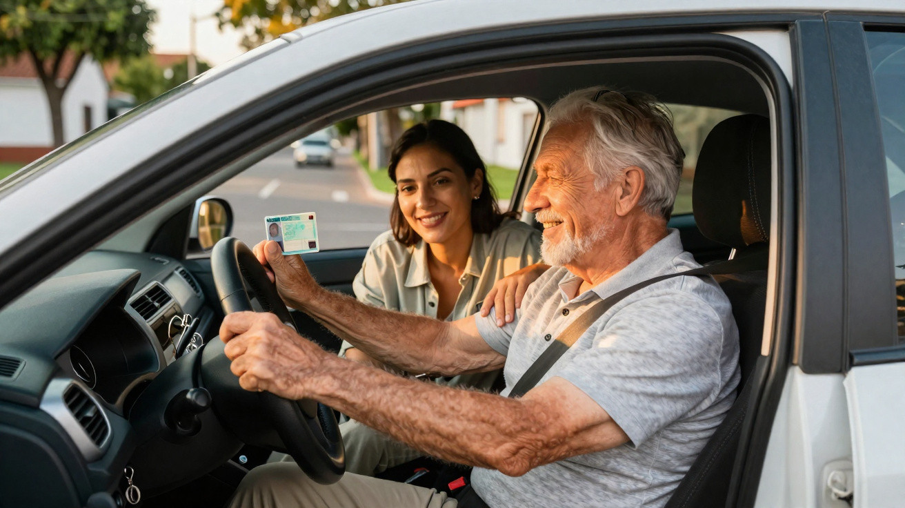 Older man holding a driving licence seated in a car, with a younger woman smiling beside him.
