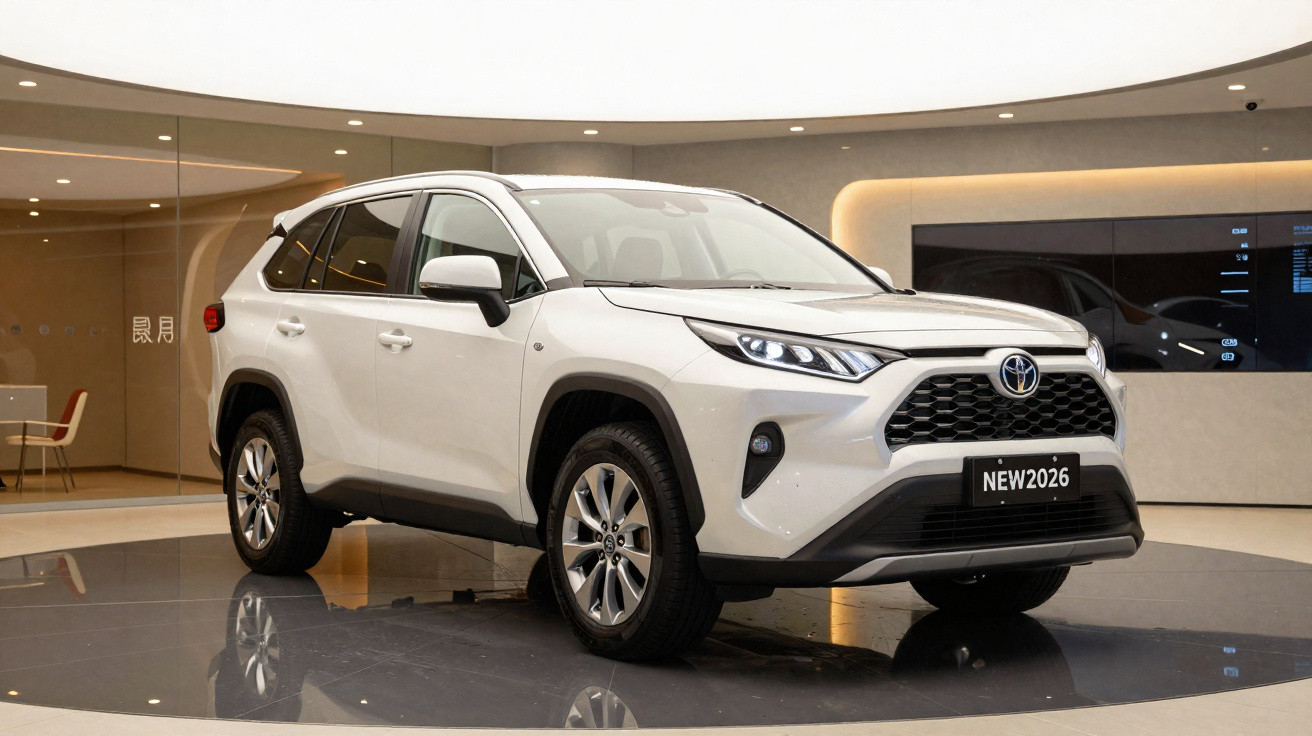 White Toyota SUV displayed indoors on a round platform with modern interior background.