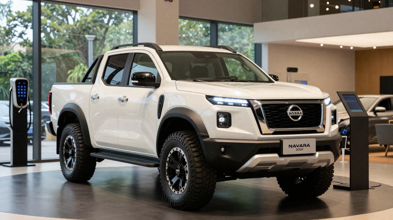 White Nissan Navara 2025 pickup truck displayed indoors with large off-road tyres and LED headlights