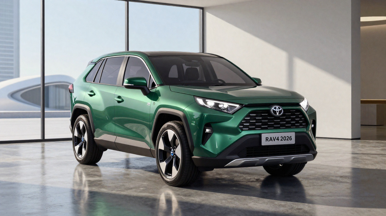 Green 2026 Toyota RAV4 SUV parked indoors with large windows and grey concrete floor.