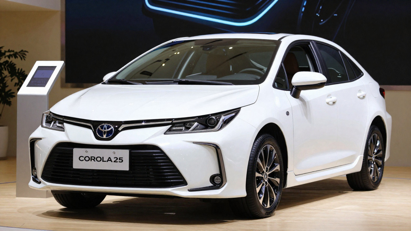 White Toyota Corolla 25 sedan displayed indoors with modern headlights and black alloy wheels.