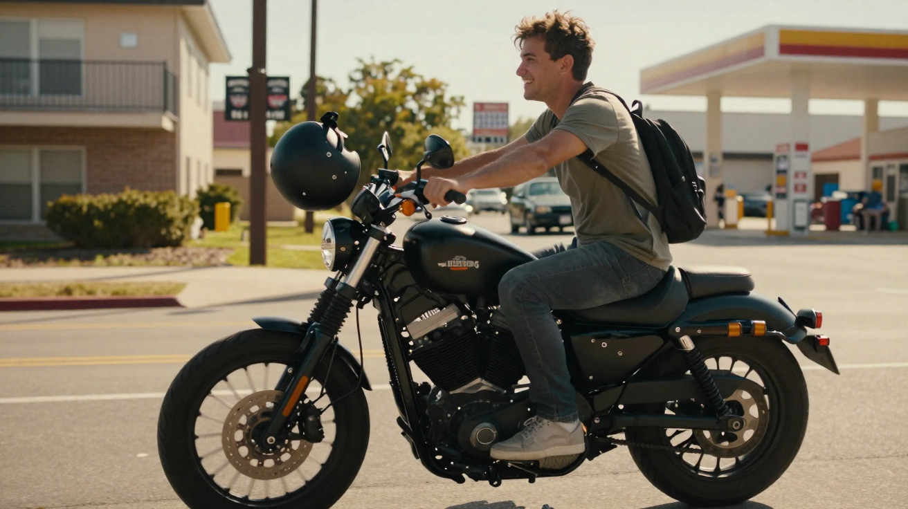 Young man wearing backpack riding a black motorcycle on a sunny street near a petrol station