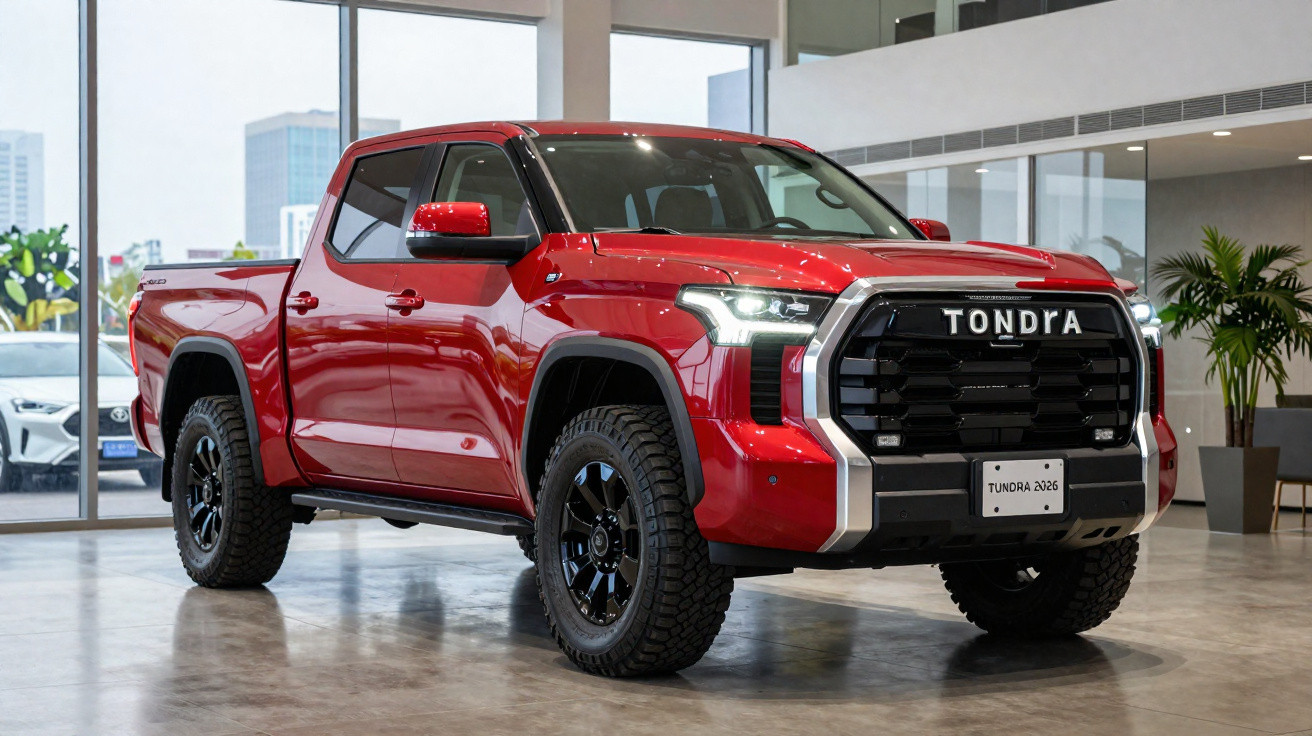 Red 2026 Tondra pickup truck displayed indoors with black grille, LED headlights, and off-road tires.