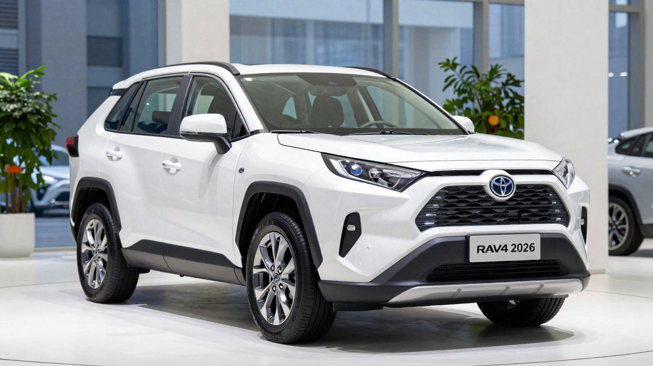White 2026 Toyota RAV4 SUV displayed indoors with modern building windows in the background.