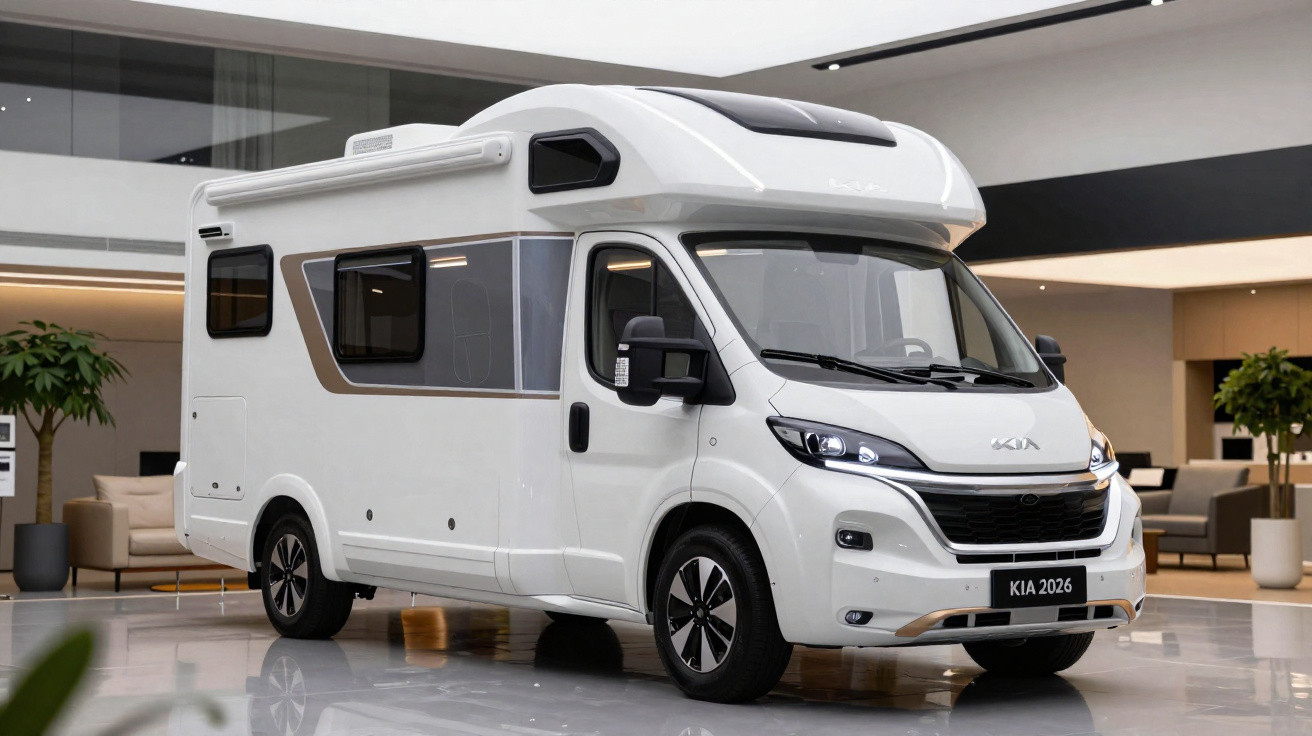 White Kia camper van with black accents parked indoors in a modern showroom setting.