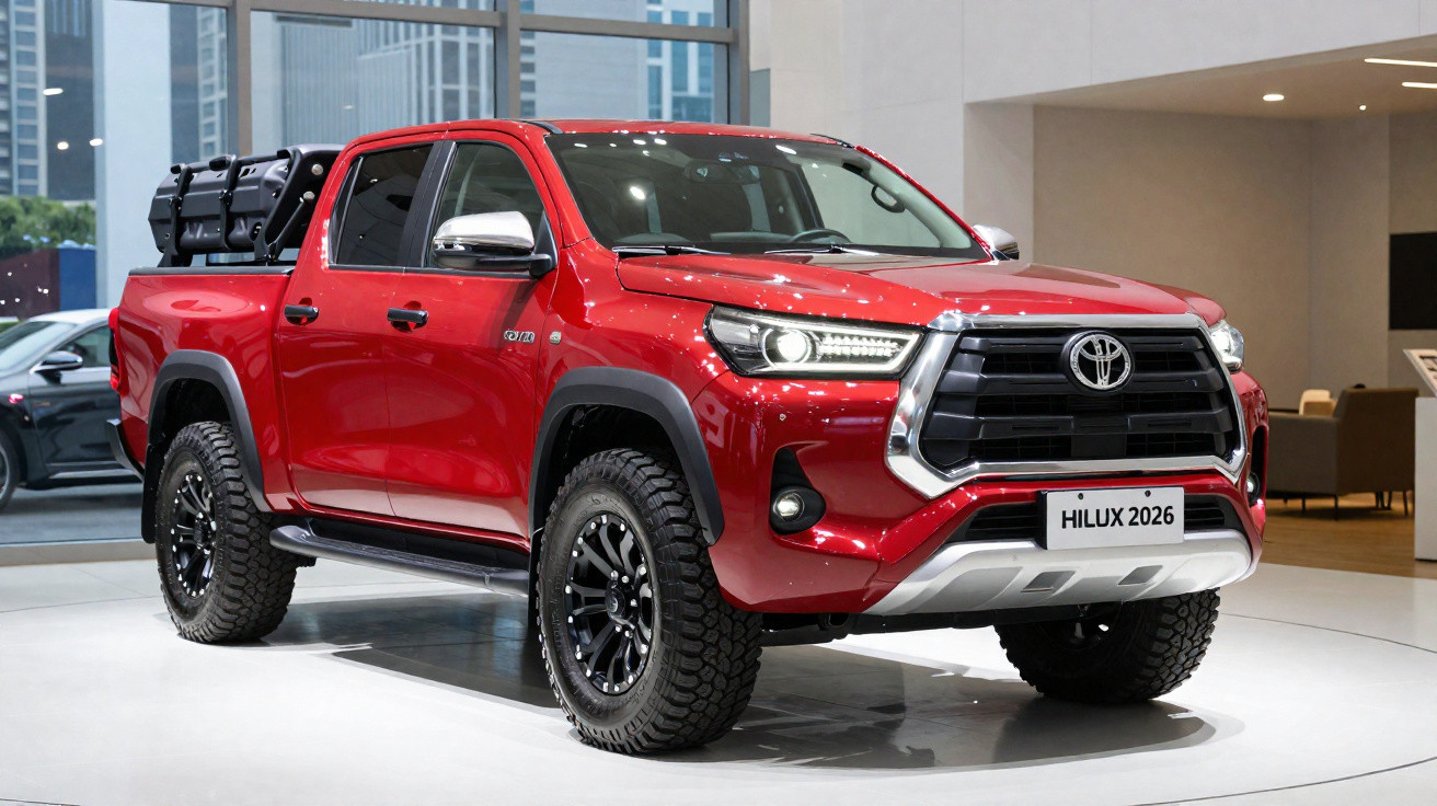 Red 2026 Toyota Hilux pickup truck displayed indoors with off-road tires and a black front grille.