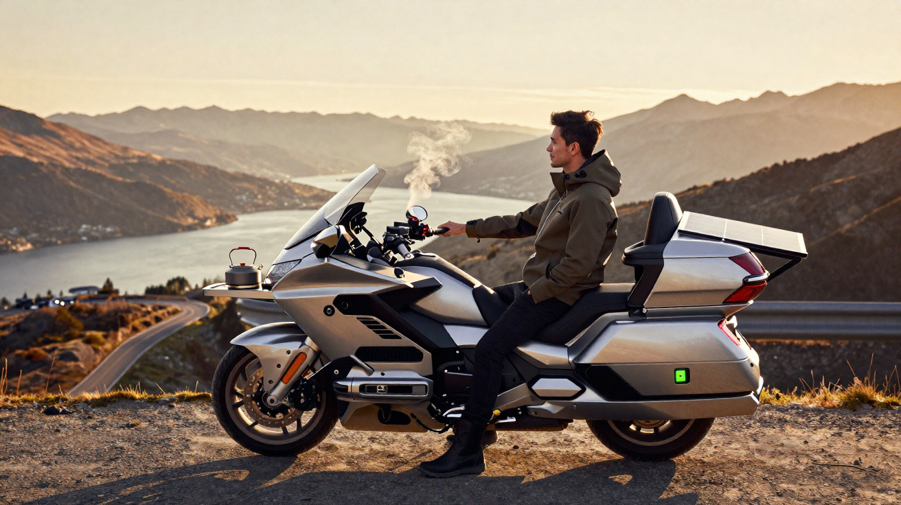 Man sitting on a modern touring motorcycle overlooking a scenic lake and mountainous landscape at sunset.