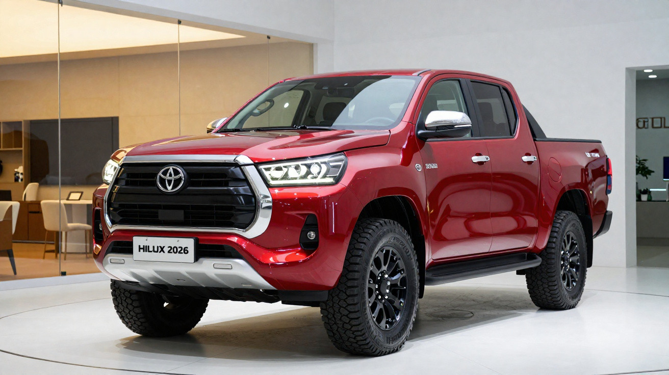 Red 2026 Toyota Hilux double cab pickup truck in a showroom with black alloy wheels and chrome details.