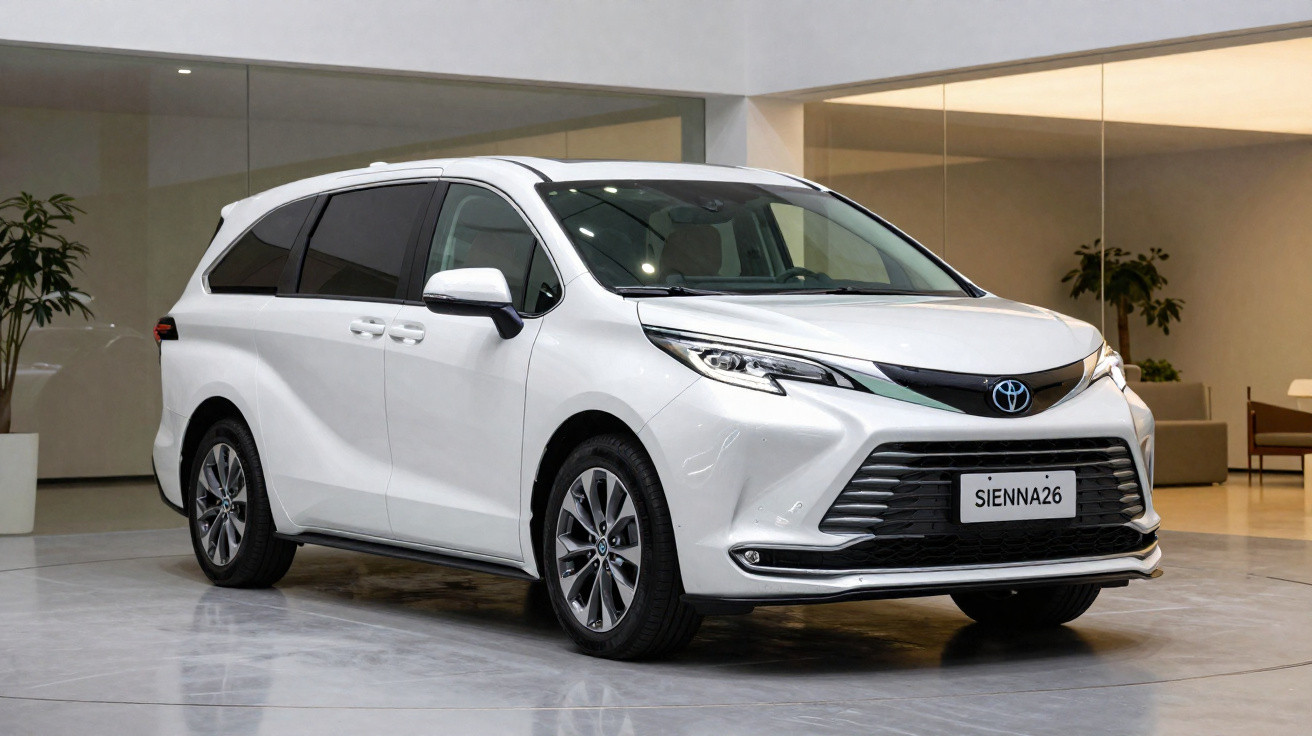 White Toyota Sienna minivan parked indoors with modern, sleek design and tinted windows.