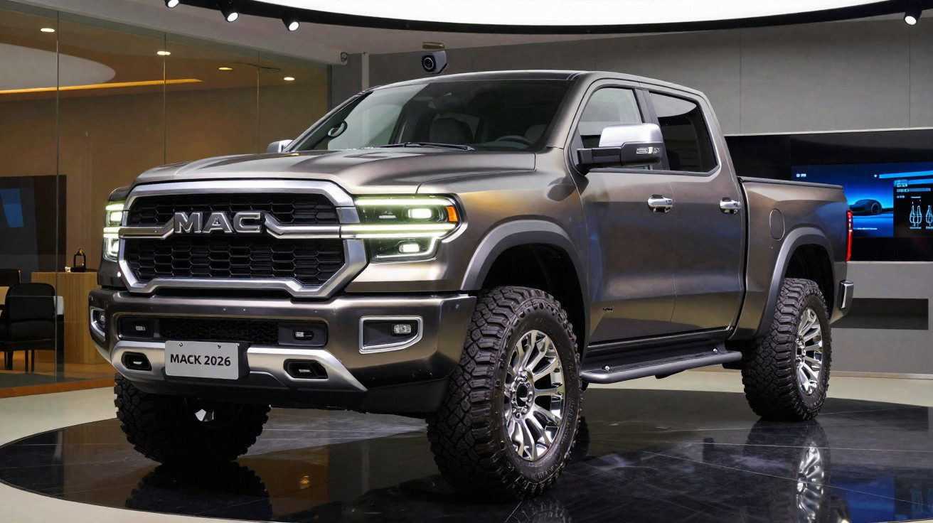 Matte grey MACK 2026 pickup truck with large tyres displayed indoors on a shiny black platform.