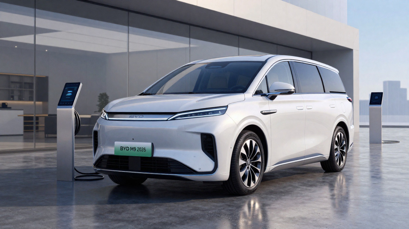 White BYD M9 2026 electric minivan charging beside a modern glass building on a shiny concrete surface.