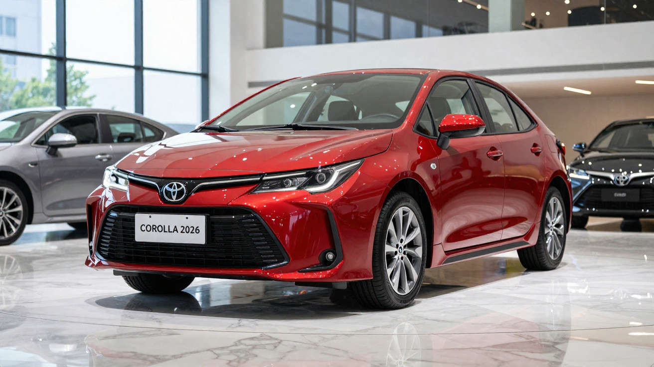 Red 2026 Toyota Corolla hatchback displayed in a bright, modern showroom with large windows.