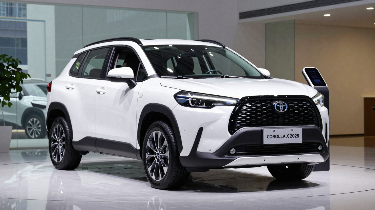 White 2026 Toyota Corolla X electric SUV displayed indoors with sleek modern design and large black grille