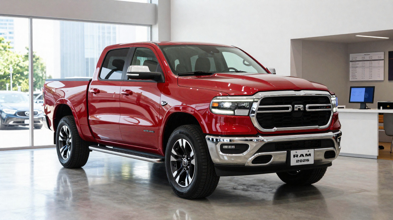 Red 2026 Ram pickup truck displayed indoors with polished floor and office area in background.