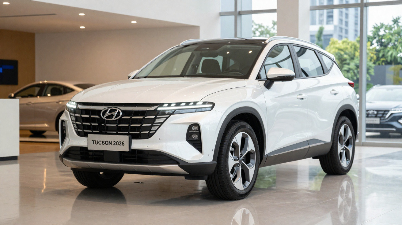White 2026 Hyundai Tucson SUV displayed indoors with modern LED headlights and alloy wheels.