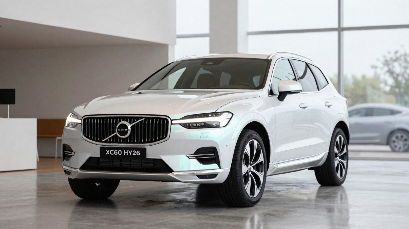White Volvo XC60 HY26 SUV parked indoors with large windows and a grey car visible outside.