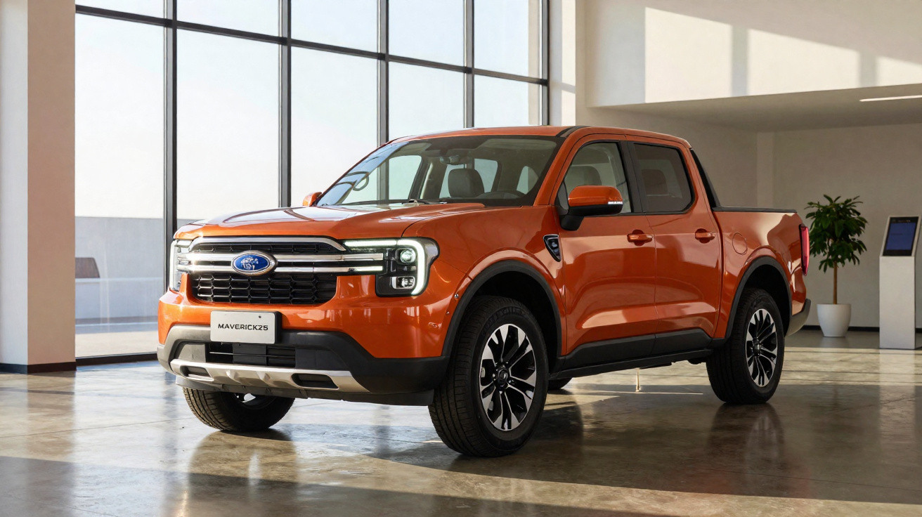 Orange Ford Maverick pickup truck displayed indoors with large windows and polished floor.