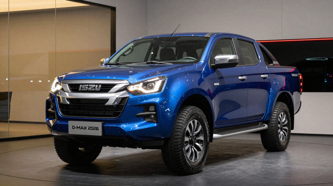 Blue Isuzu D-Max 2026 pickup truck displayed indoors on a showroom floor with modern lighting.
