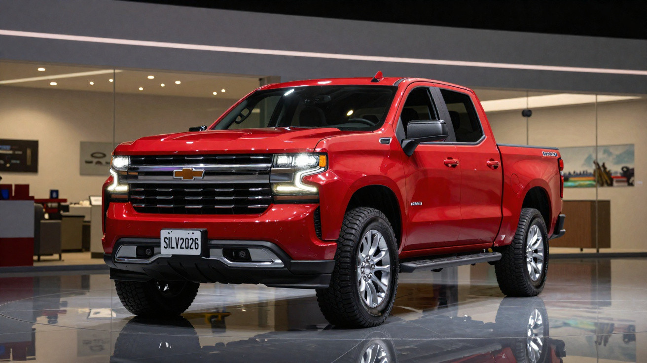 Red Chevrolet Silverado pickup truck displayed indoors with headlights on and shiny reflective floor.