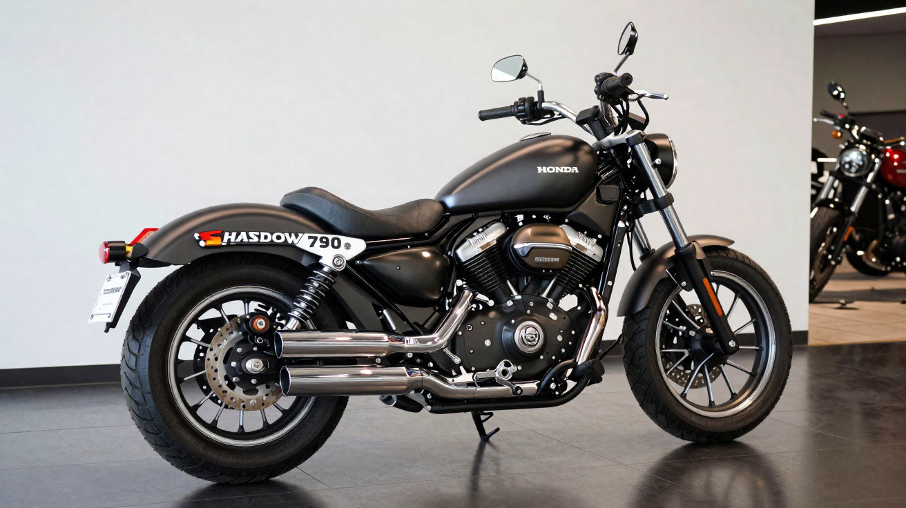 Black Honda Shadow 790 motorcycle parked indoors on a polished floor against a plain wall.