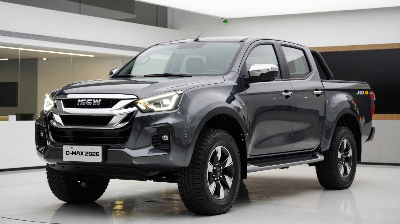 Grey 2026 ISGW D-Max pickup truck displayed in a showroom with modern headlights and bold grille design.